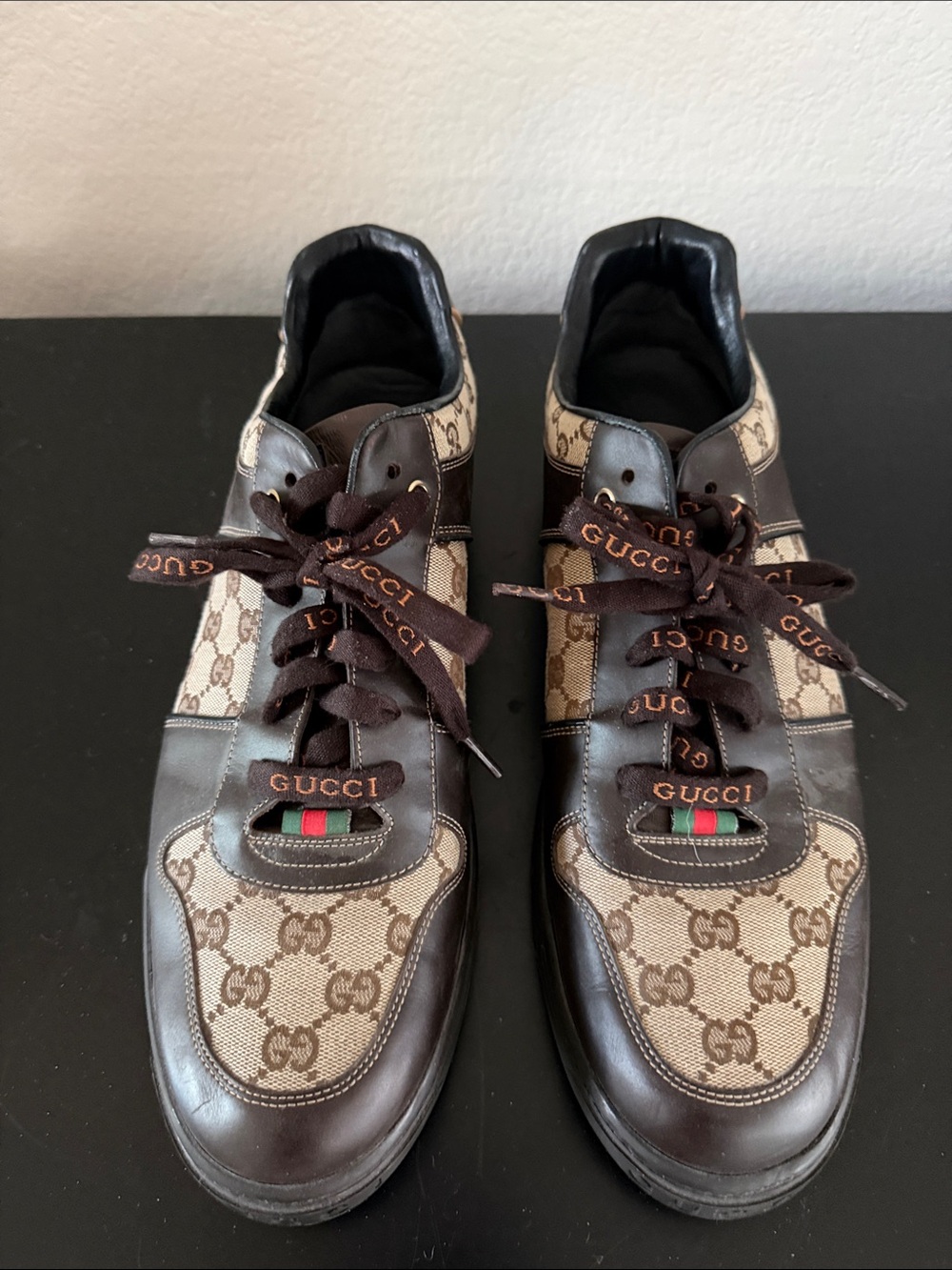 Gucci Men’s Brown & Beige GG Canvas Leather Sneakers with Web Stripe - Picture 1 of 3